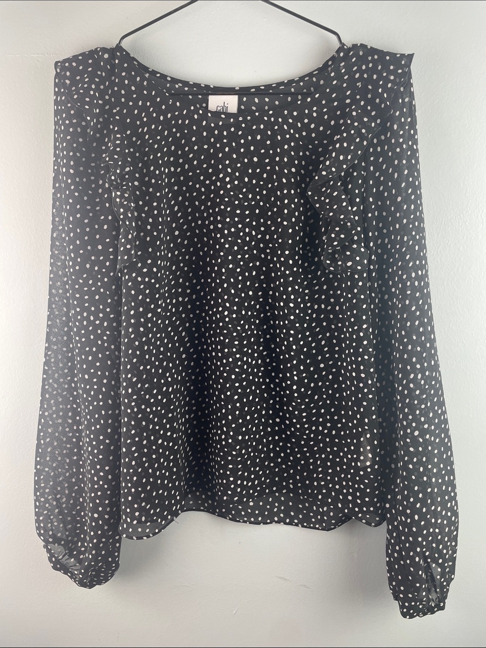 Cabi #3956 Black Polka Dot Ruffle Sheer Blouse Size XS